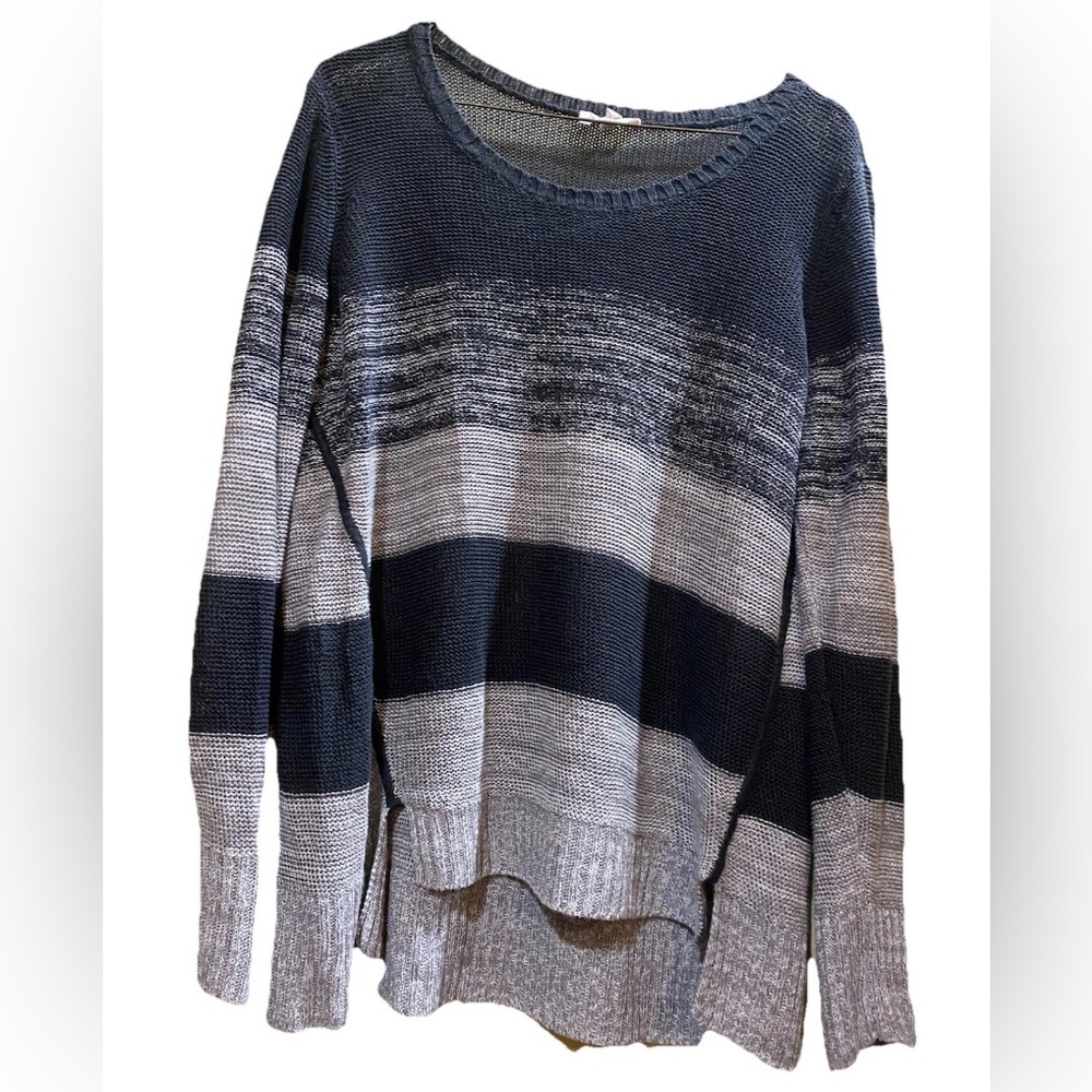 EILEEN FISHER Sweater Organic Linen Striped Long Sleeve Pullover LargeBlack Gray
